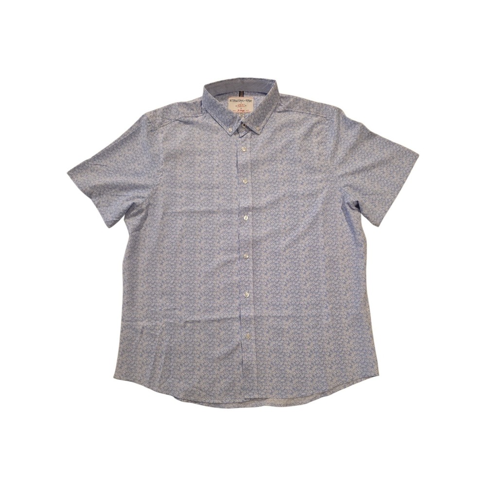 International Report Shirt Mens XL Blue Tropical Leaves Button Up 4 Way Stretch